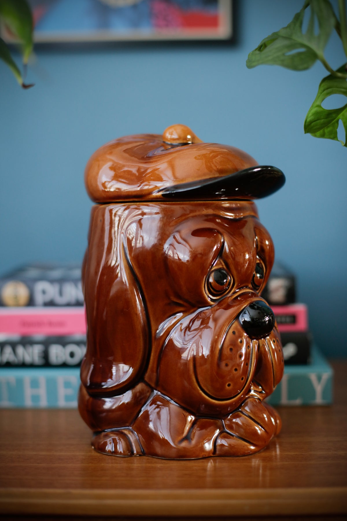 Vintage Price & Kensington Pottery Ceramic Droopy Dog Biscuits Cookies Container Jar Brown Glaze Made in England 70s