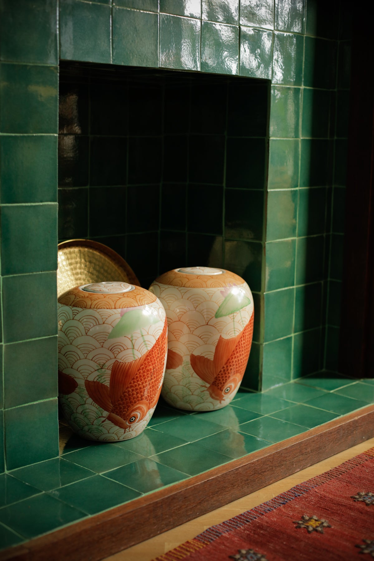 Set of Two Medium Size Vintage Ginger Jars Koi Fish Decorative