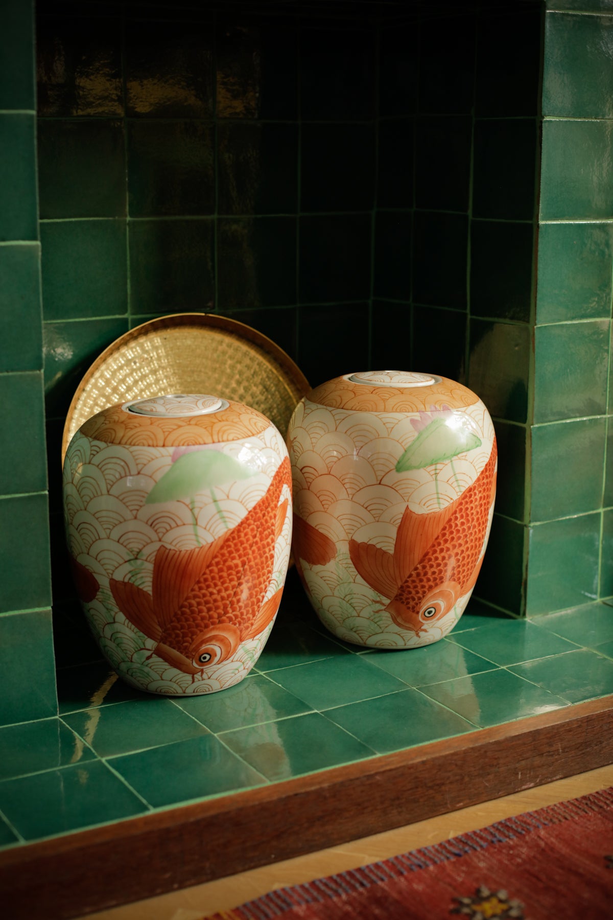 Set of Two Medium Size Vintage Ginger Jars Koi Fish Decorative
