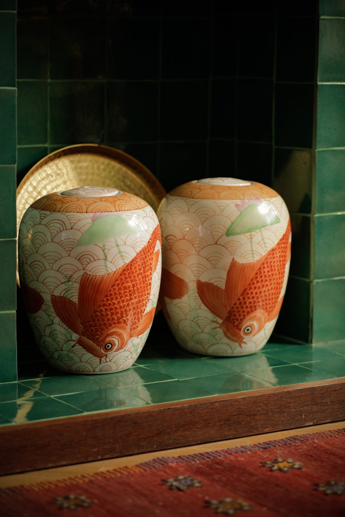 Set of Two Medium Size Vintage Ginger Jars Koi Fish Decorative
