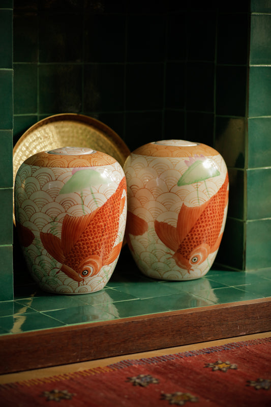 Set of Two Medium Size Vintage Ginger Jars Koi Fish Decorative