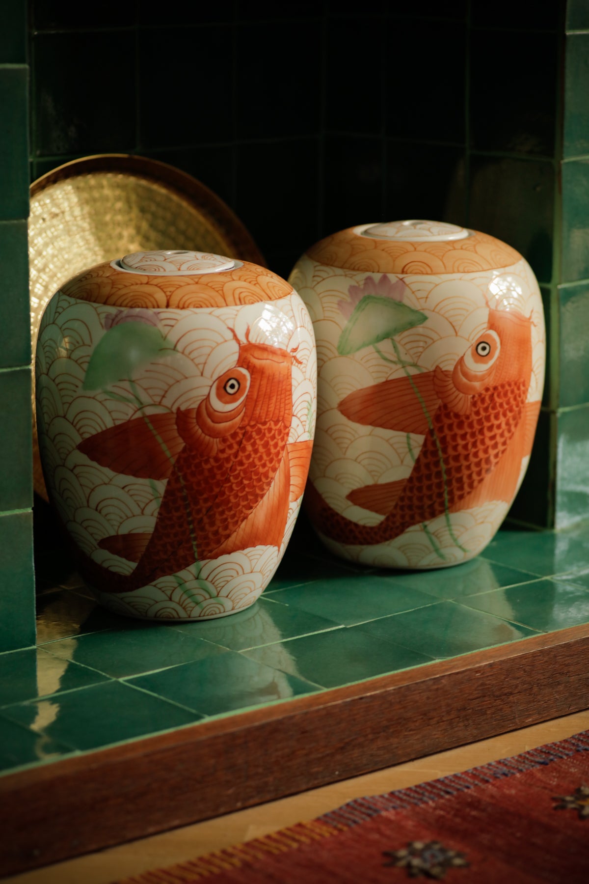 Set of Two Medium Size Vintage Ginger Jars Koi Fish Decorative