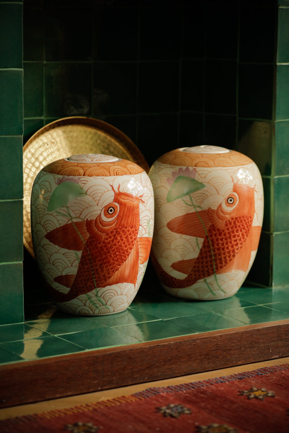 Set of Two Medium Size Vintage Ginger Jars Koi Fish Decorative