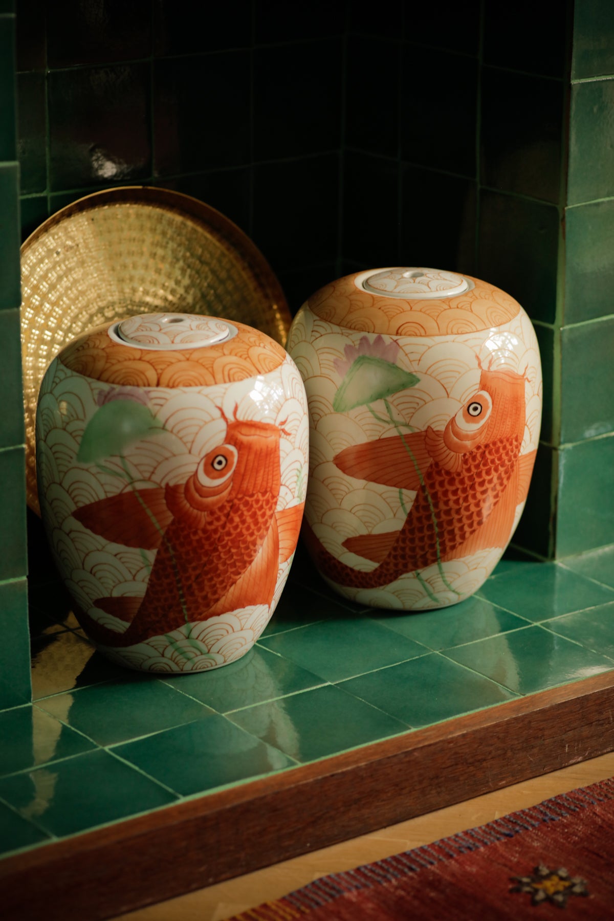 Set of Two Medium Size Vintage Ginger Jars Koi Fish Decorative