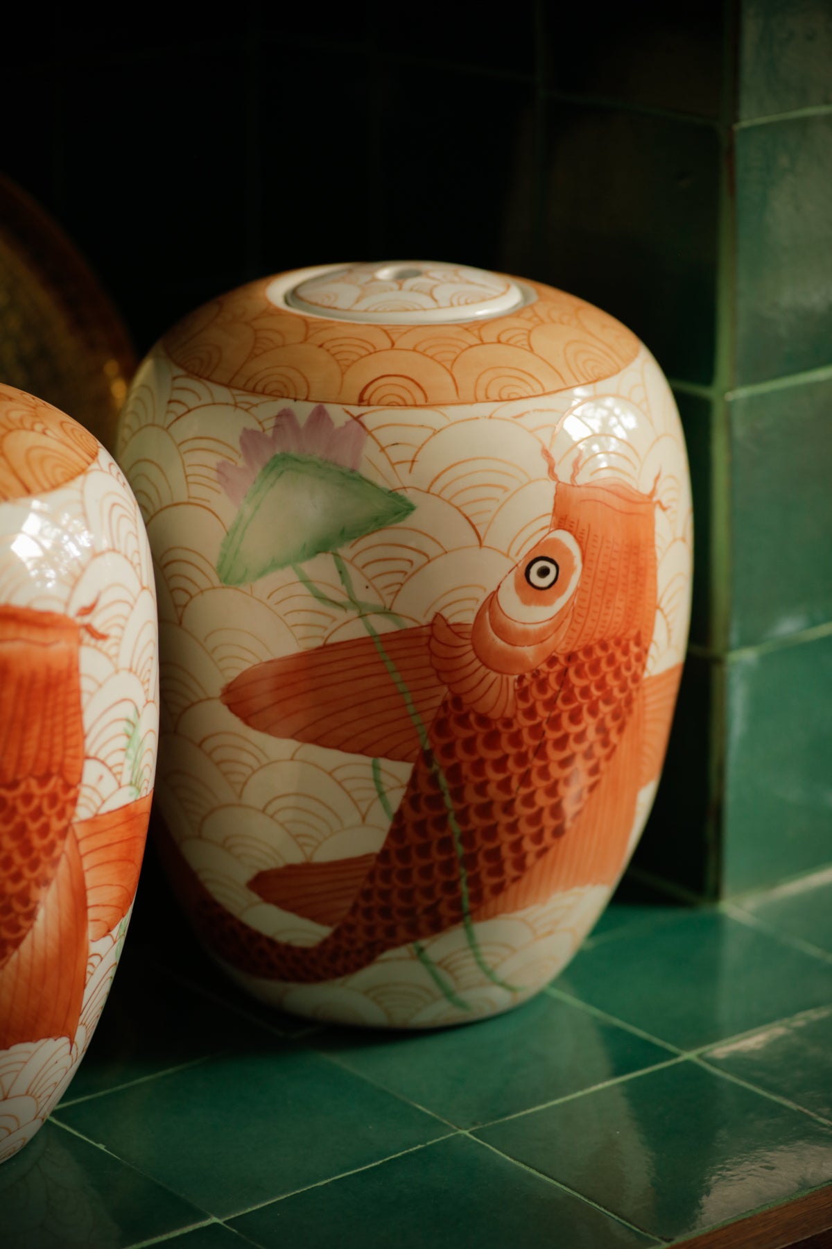 Set of Two Medium Size Vintage Ginger Jars Koi Fish Decorative