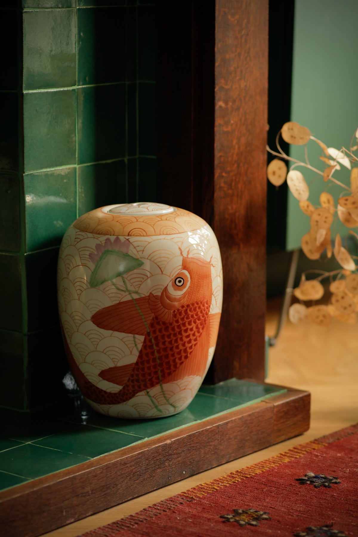 Set of Two Medium Size Vintage Ginger Jars Koi Fish Decorative