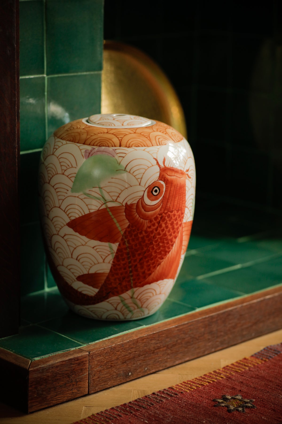 Set of Two Medium Size Vintage Ginger Jars Koi Fish Decorative
