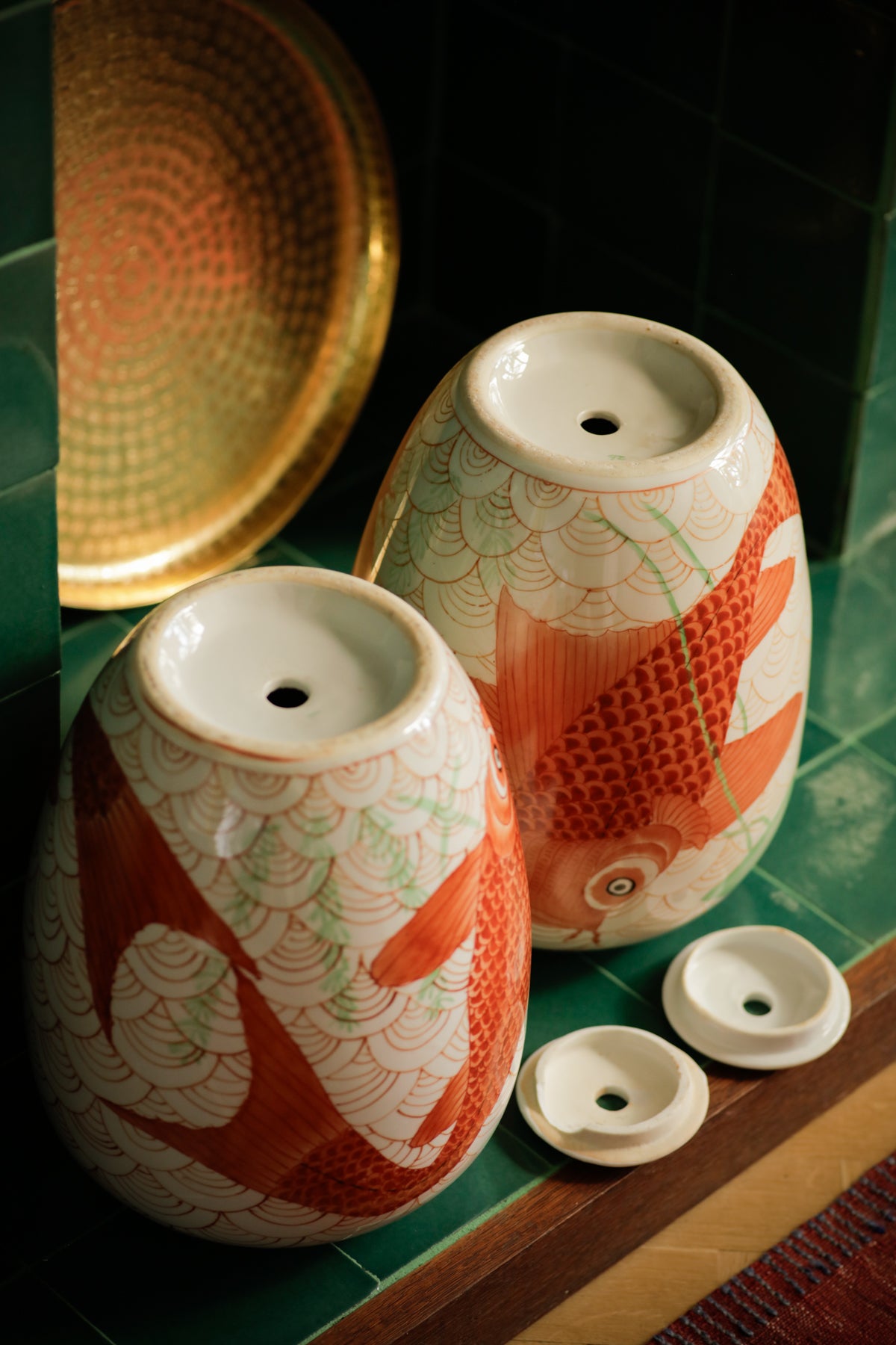 Set of Two Medium Size Vintage Ginger Jars Koi Fish Decorative