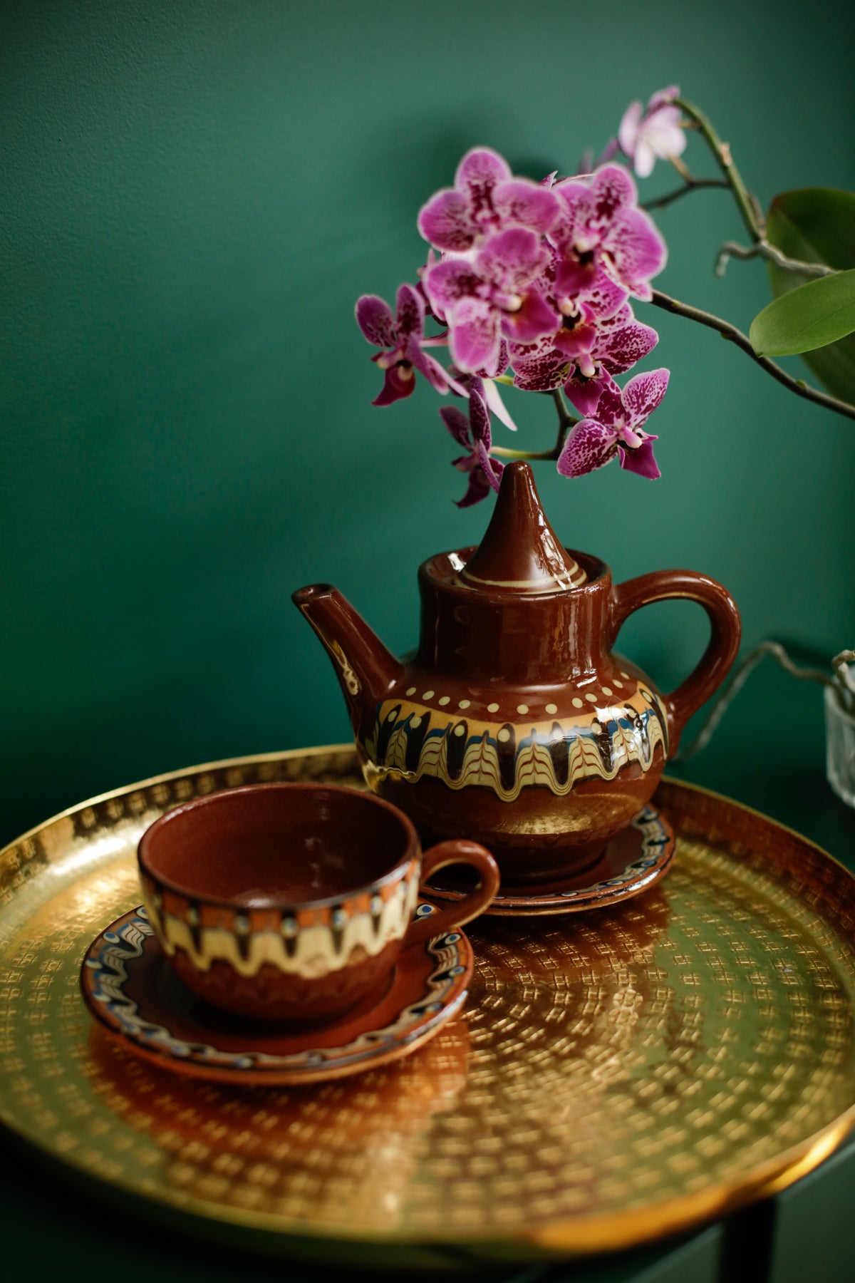 Bulgarian Troyan Pottery Tea Pot Cup Saucers Set Hand thrown Stoneware Vintage
