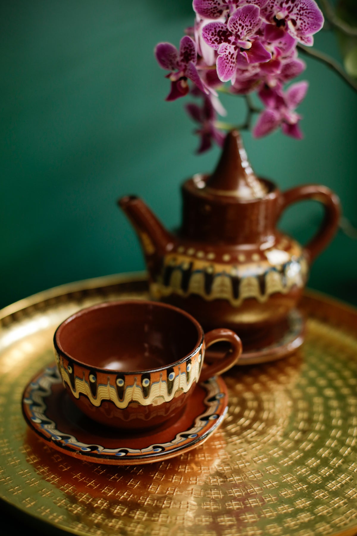 Bulgarian Troyan Pottery Tea Pot Cup Saucers Set Hand thrown Stoneware Vintage