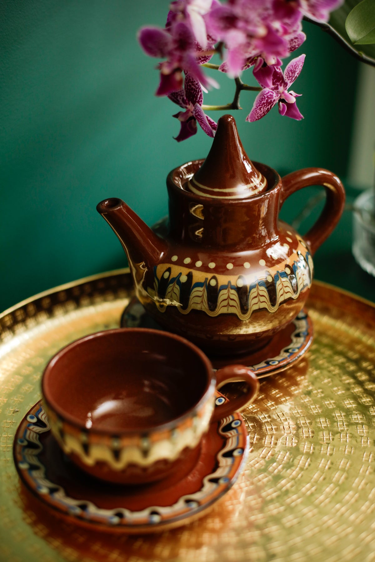 Bulgarian Troyan Pottery Tea Pot Cup Saucers Set Hand thrown Stoneware Vintage