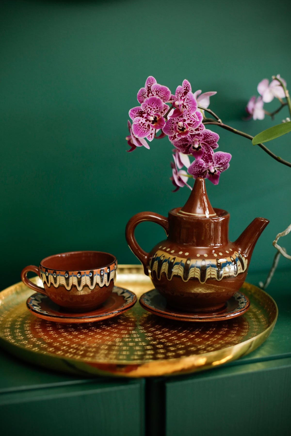 Bulgarian Troyan Pottery Tea Pot Cup Saucers Set Hand thrown Stoneware Vintage