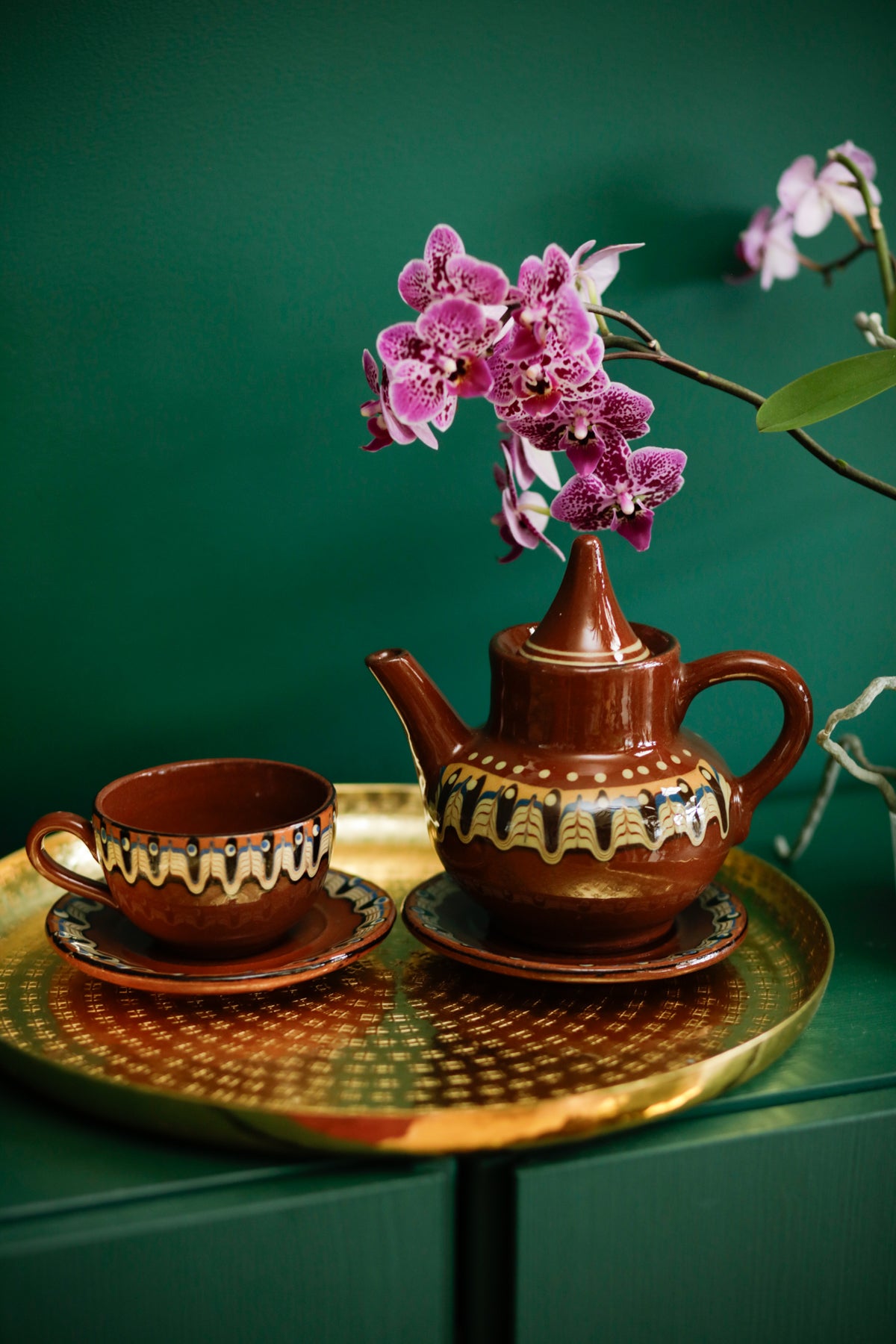 Bulgarian Troyan Pottery Tea Pot Cup Saucers Set Hand thrown Stoneware Vintage