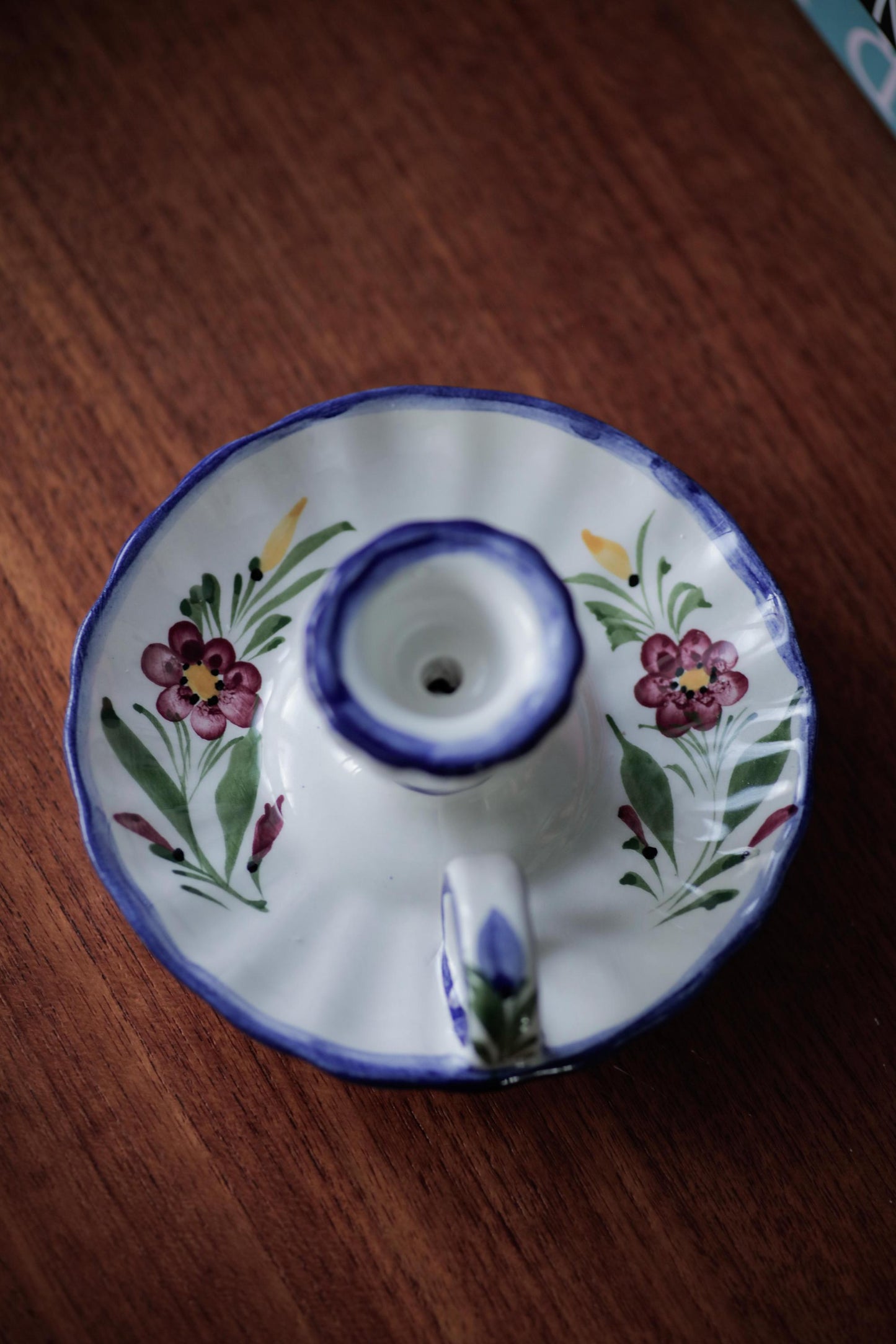 Chamber Vintage Candlestick Holder with handle handmade and hand-painted white and blue glaze wee willie winkie candle holder
