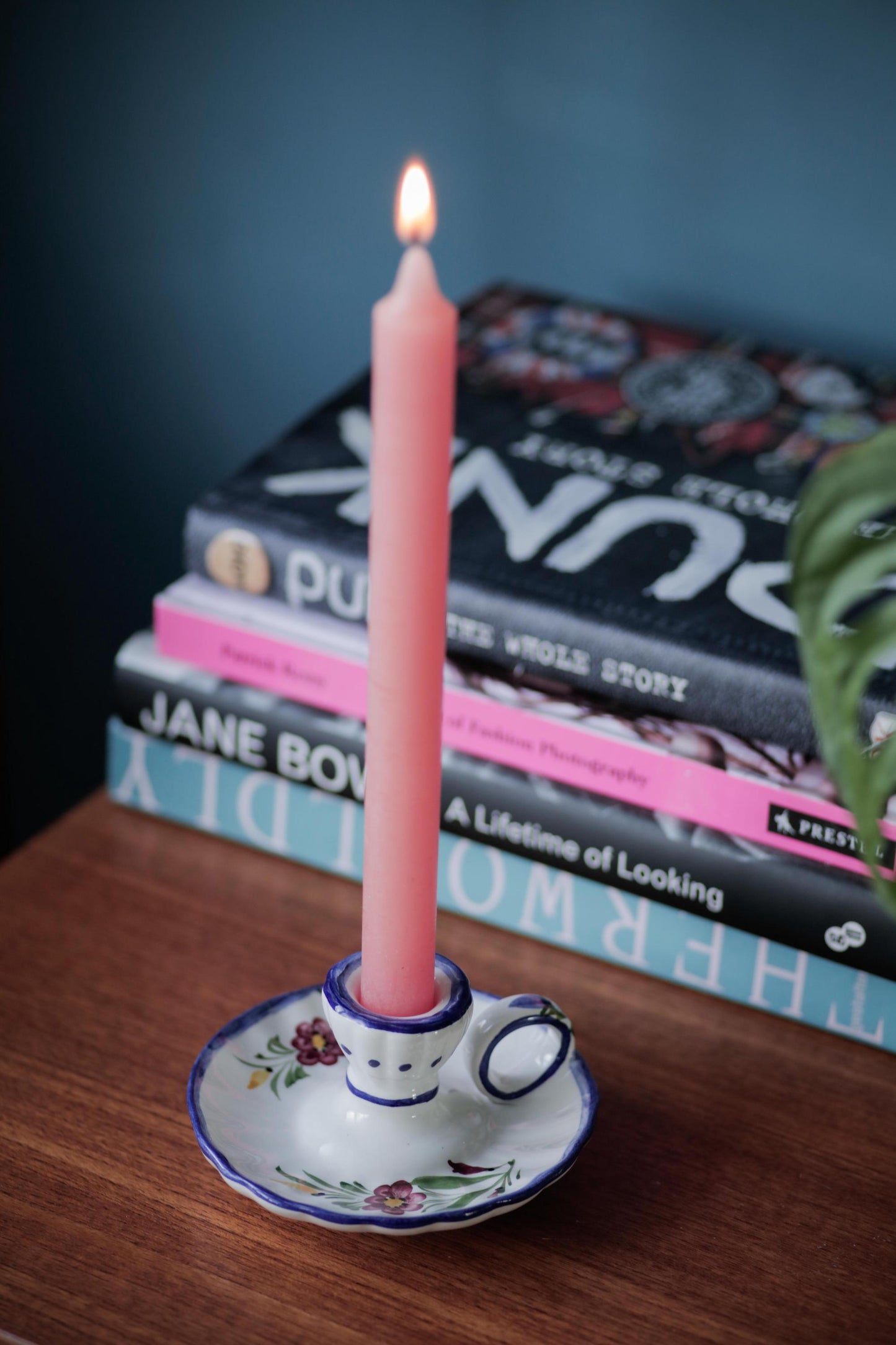 Chamber Vintage Candlestick Holder with handle handmade and hand-painted white and blue glaze wee willie winkie candle holder