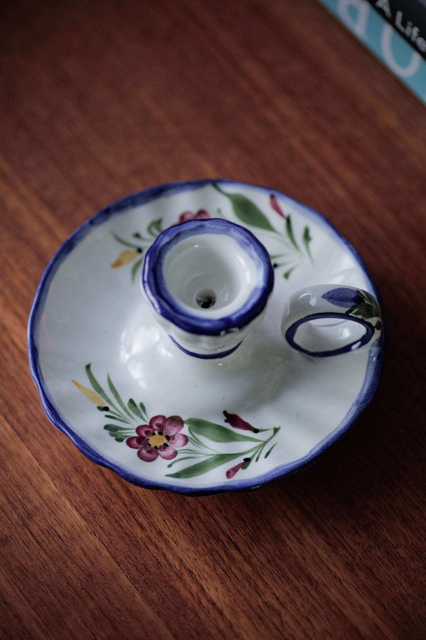 Chamber Vintage Candlestick Holder with handle handmade and hand-painted white and blue glaze wee willie winkie candle holder