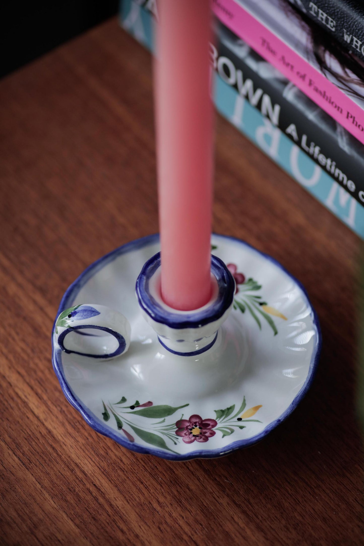 Chamber Vintage Candlestick Holder with handle handmade and hand-painted white and blue glaze wee willie winkie candle holder