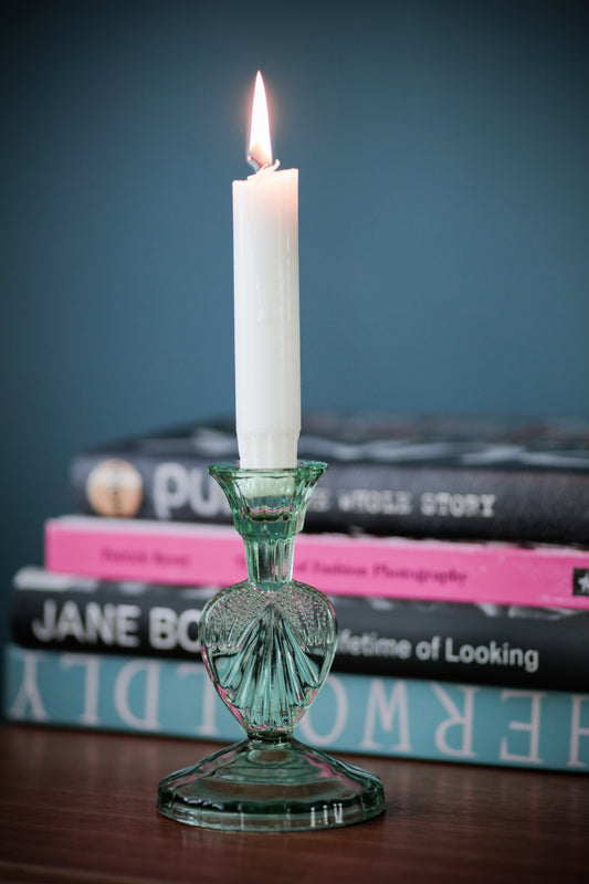 Vintage Art Deco Art Green Glass Candleholder Candlestick Bohemian Czech Uranium 1930s Samuel Reich Dressing