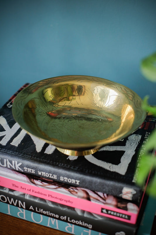 Vintage Oriental Brass Engraved Offering Bowl