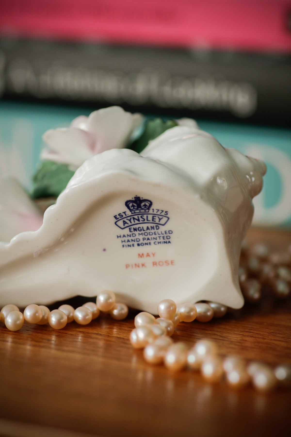 Vintage Aynsley England Finebone China May Pink Roses in a sea shell figurine sculpture