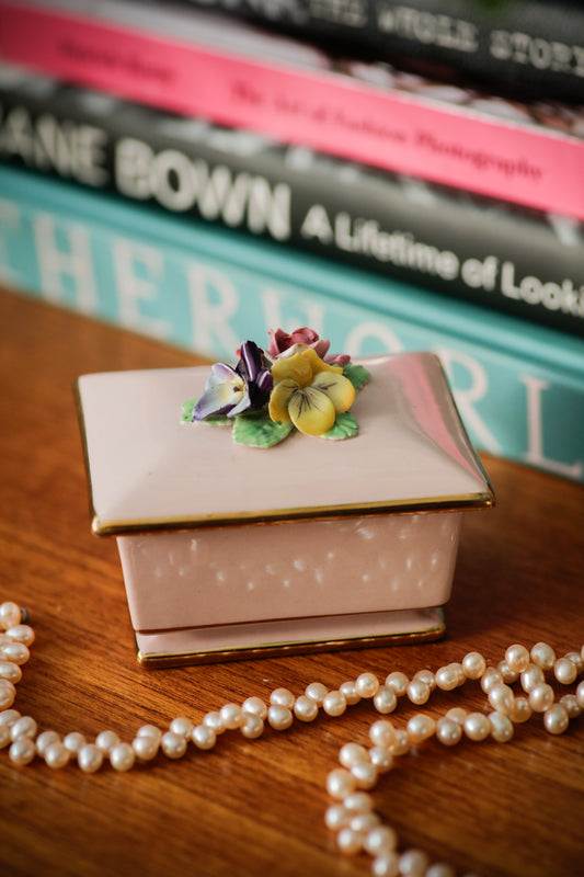 Vintage Porcelain Pink Floral Jewellery Box '80s