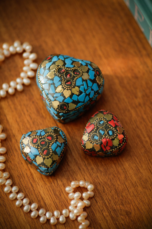 Vintage Decorative Ring Boxes Heart Shaped Set of 3 Handmade Turquoise Coral Brass