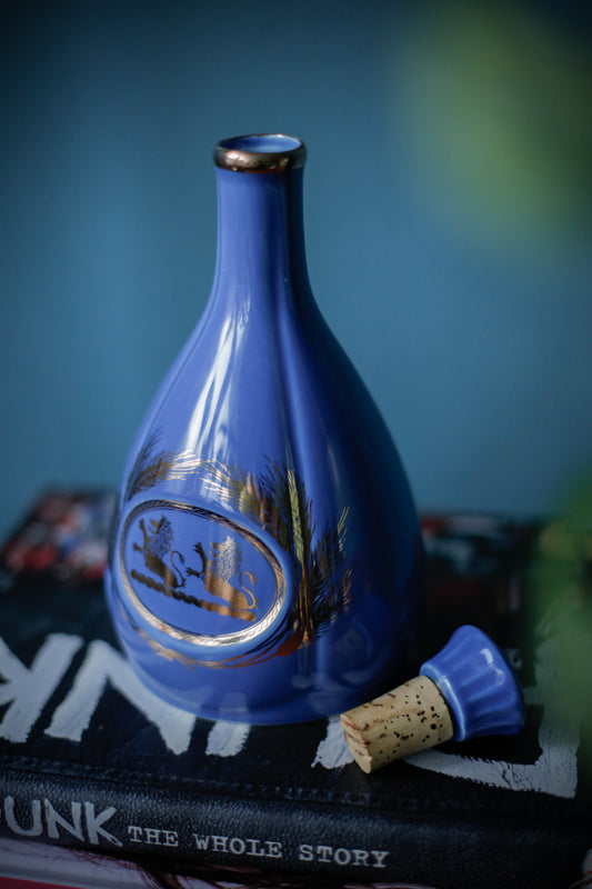 Vintage Whyte & Mackay Ceramic Decanter '80s Whiskey Bottle Empty / for repurposing-collectable Blue and gold cork lid