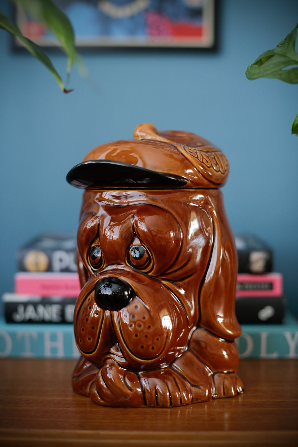 Vintage Price & Kensington Pottery Ceramic Droopy Dog Biscuits Cookies Container Jar Brown Glaze Made in England 70s