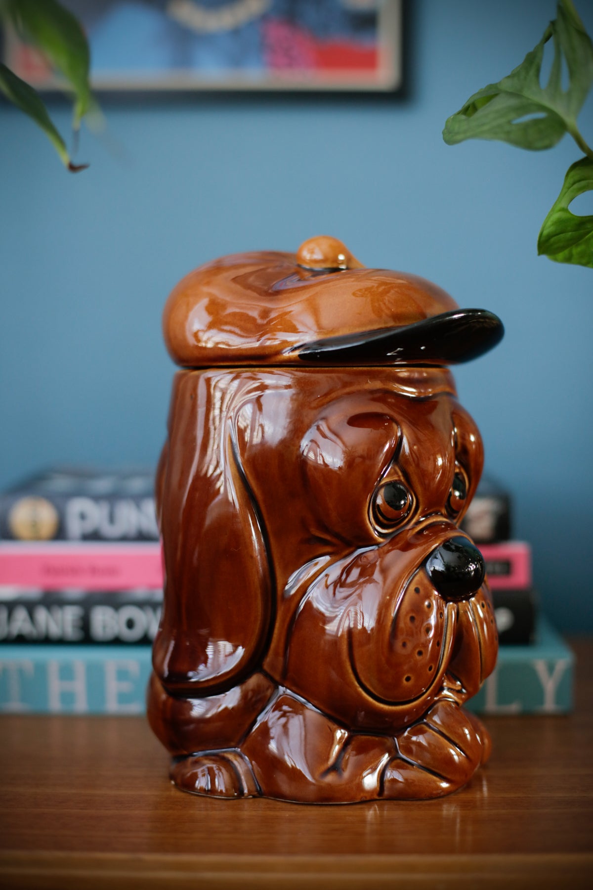 Vintage Price & Kensington Pottery Ceramic Droopy Dog Biscuits Cookies Container Jar Brown Glaze Made in England 70s