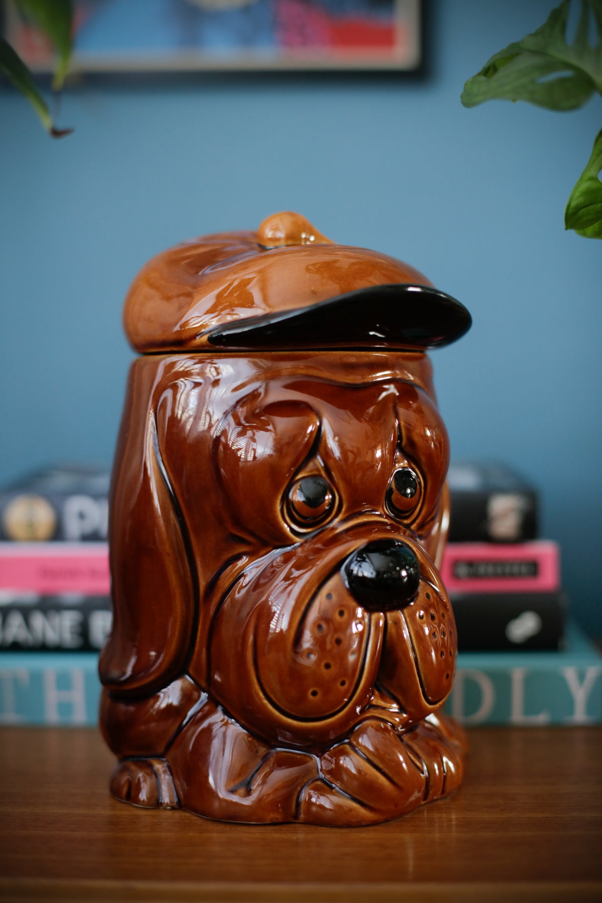 Vintage Price & Kensington Pottery Ceramic Droopy Dog Biscuits Cookies Container Jar Brown Glaze Made in England 70s