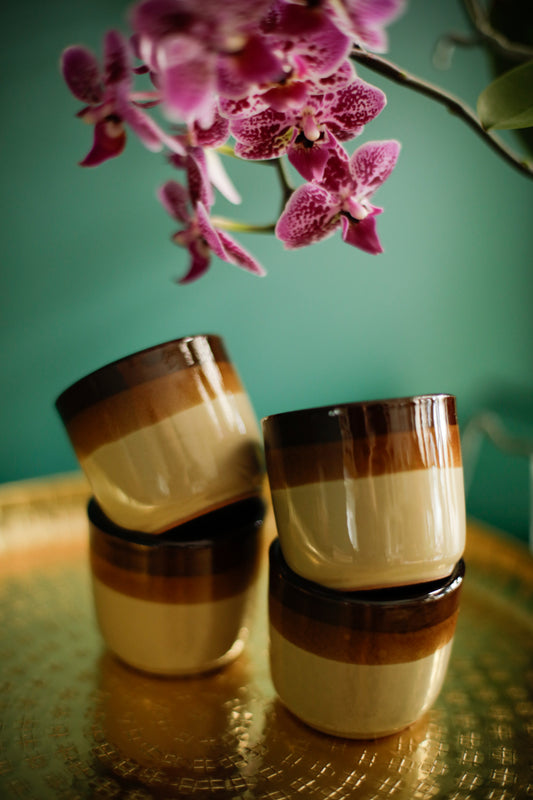 Vintage Pottery Stoneware Cups Set of 4 Rustic Style Two-tone Dark Brown Glaze