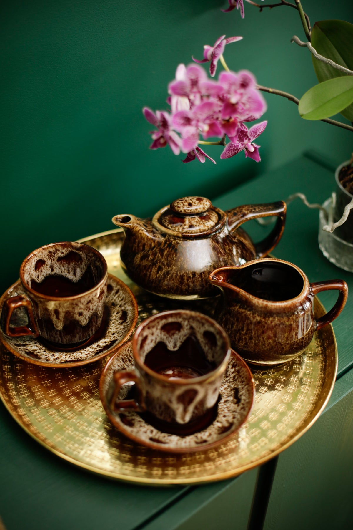 70s Fosters Pottery Cornwall Brown Honeycomb Glaze Tea Coffee Hot chocolate Set