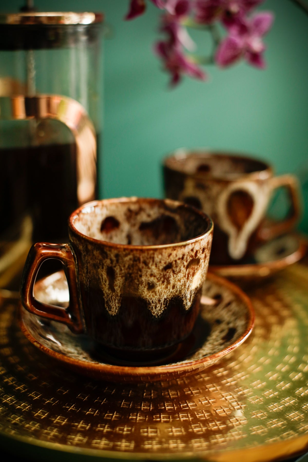 70s Fosters Pottery Cornwall Brown Honeycomb Glaze Tea Coffee Hot chocolate Set