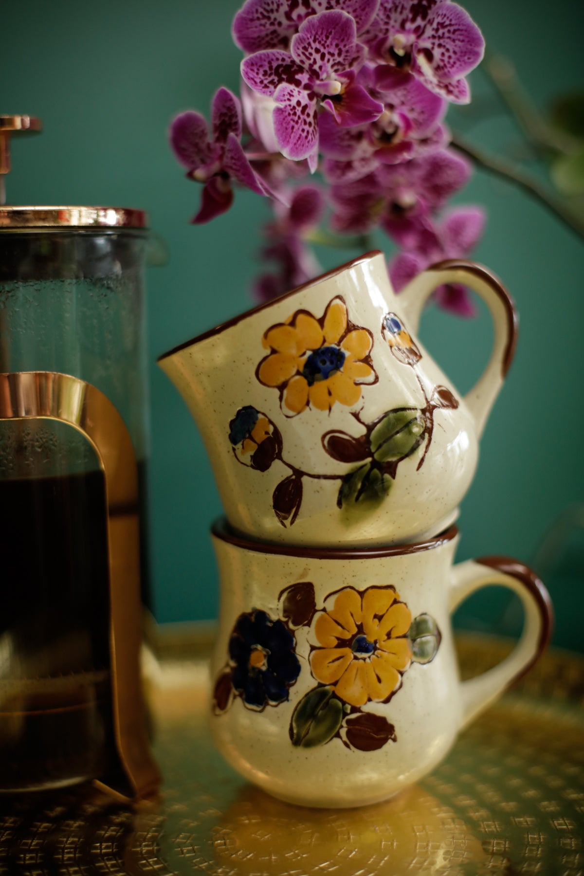 Vintage 70s Stoneware Mugs Set of Two Hand-painted Floral design Mid-Century