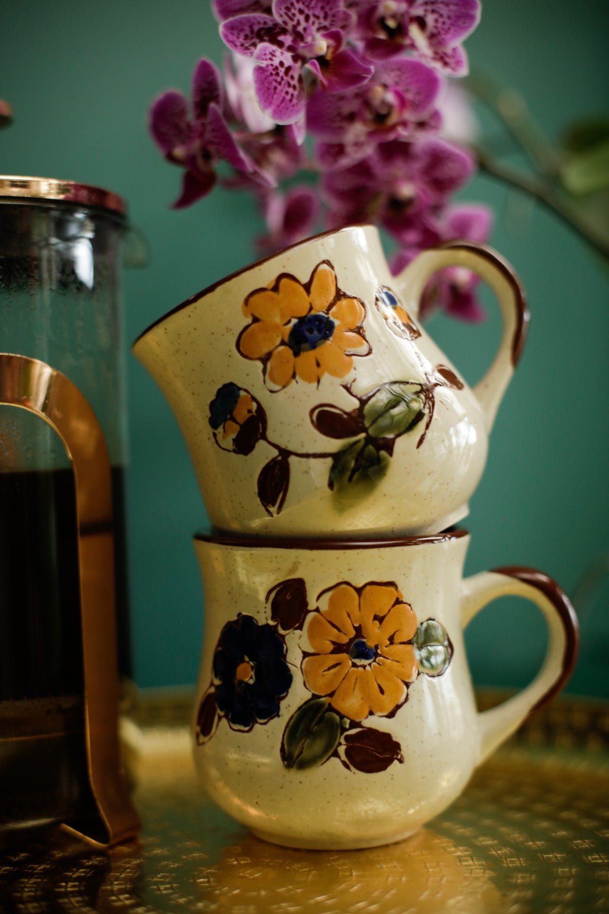 Vintage 70s Stoneware Mugs Set of Two Hand-painted Floral design Mid-Century