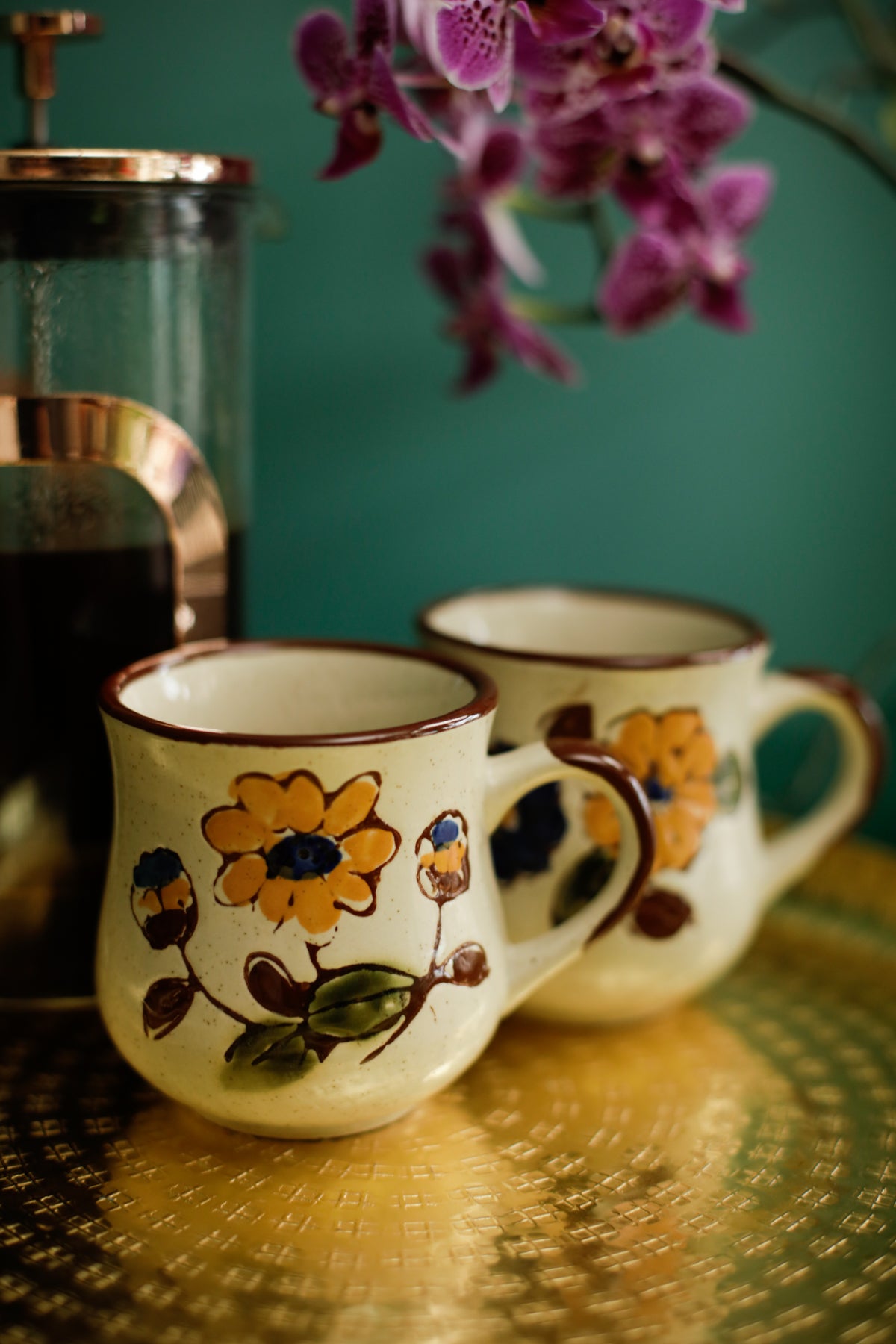 Vintage 70s Stoneware Mugs Set of Two Hand-painted Floral design Mid-Century