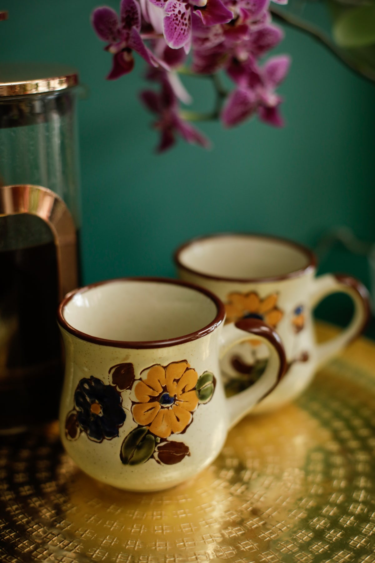 Vintage 70s Stoneware Mugs Set of Two Hand-painted Floral design Mid-Century