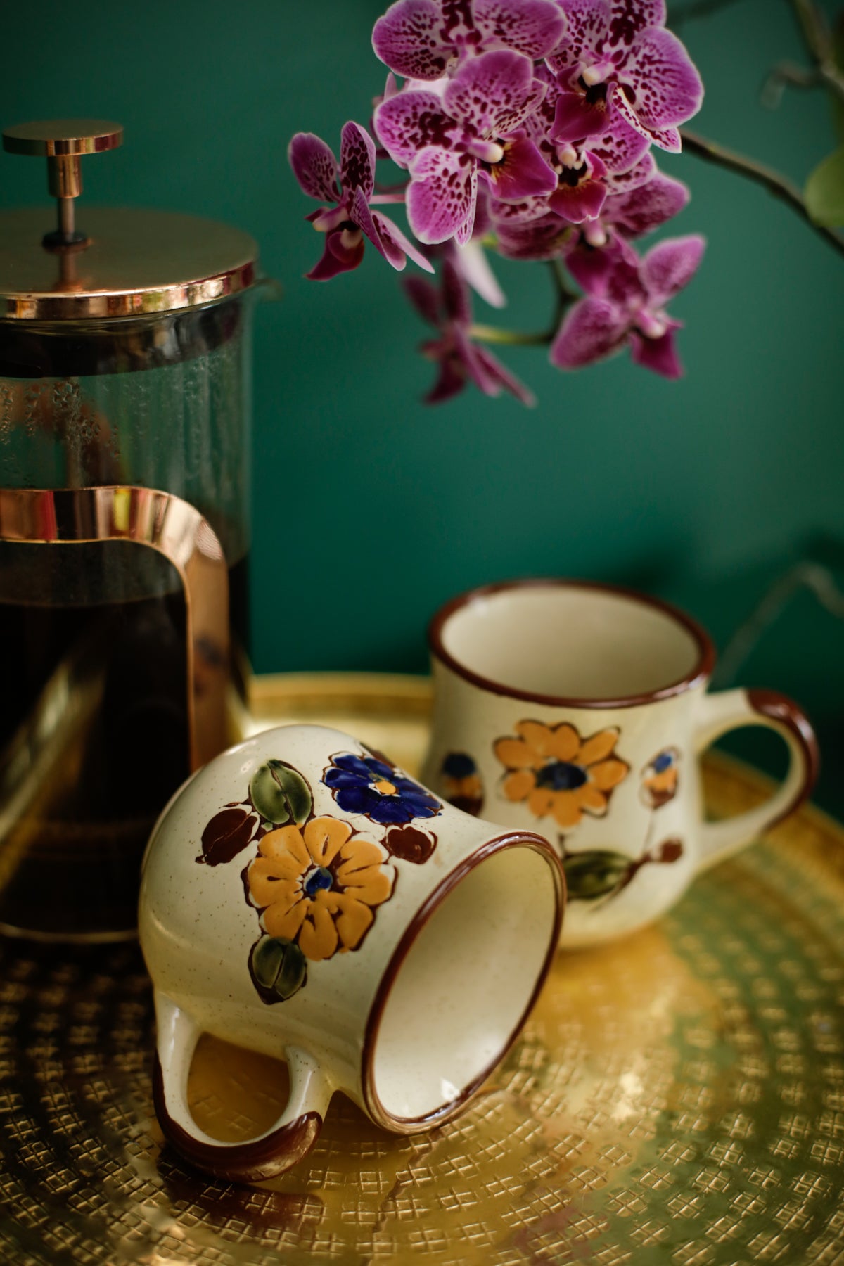 Vintage 70s Stoneware Mugs Set of Two Hand-painted Floral design Mid-Century