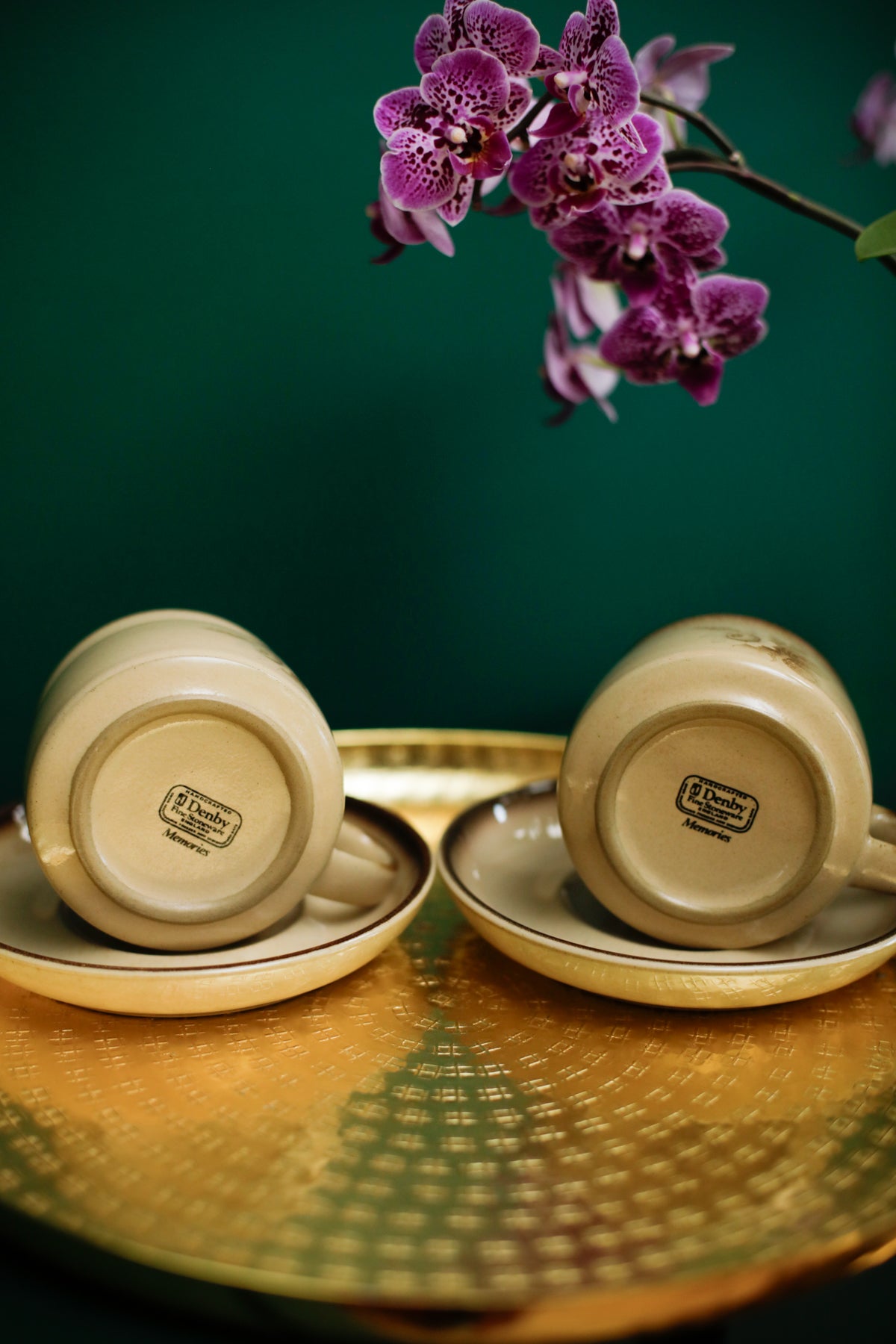 Denby Memories Cups and Saucers Floral Design Handcrafted Stoneware set of 2 cups and saucers