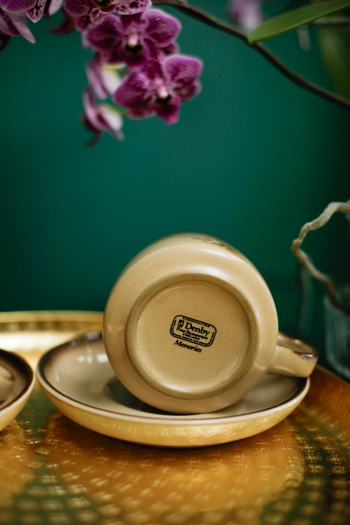 Denby Memories Cups and Saucers Floral Design Handcrafted Stoneware set of 2 cups and saucers