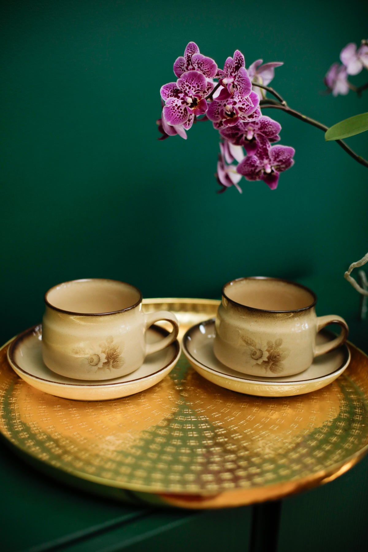 Denby Memories Cups and Saucers Floral Design Handcrafted Stoneware set of 2 cups and saucers