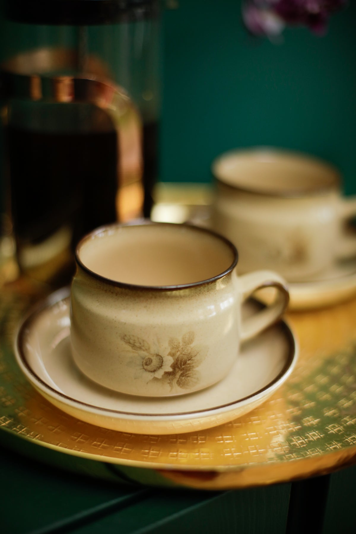 Denby Memories Cups and Saucers Floral Design Handcrafted Stoneware set of 2 cups and saucers