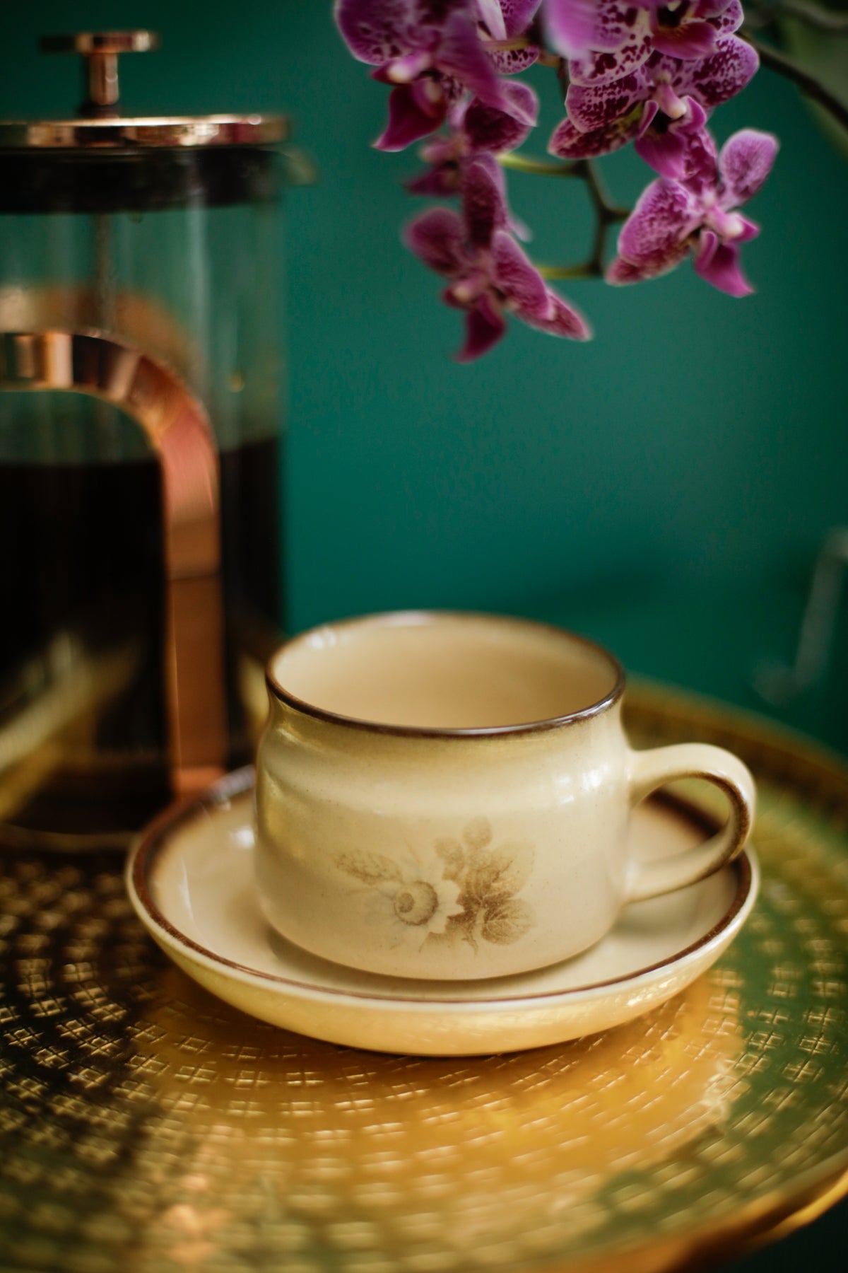 Denby Memories Cups and Saucers Floral Design Handcrafted Stoneware set of 2 cups and saucers