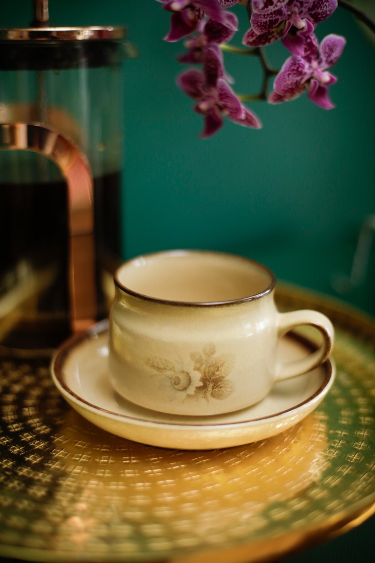 Denby Memories Cups and Saucers Floral Design Handcrafted Stoneware set of 2 cups and saucers