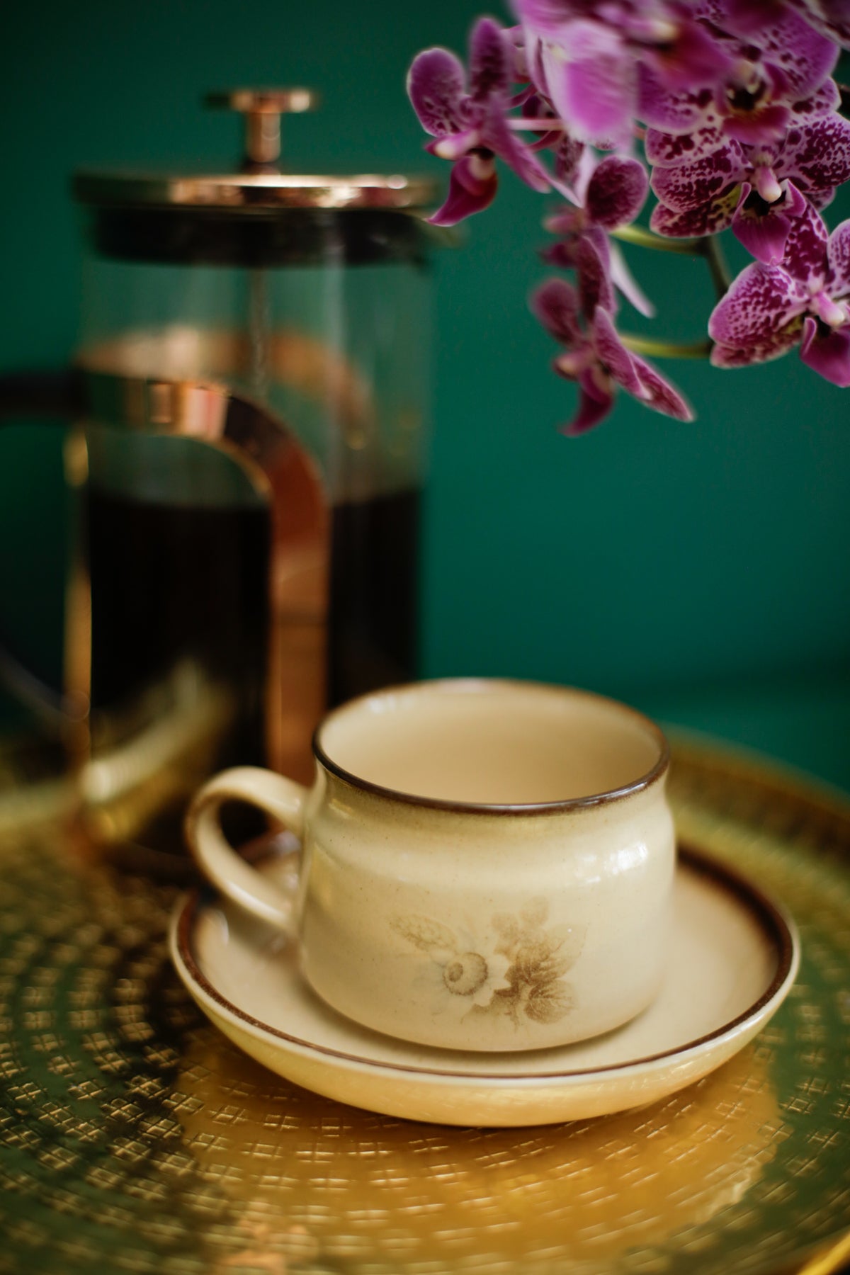 Denby Memories Cups and Saucers Floral Design Handcrafted Stoneware set of 2 cups and saucers