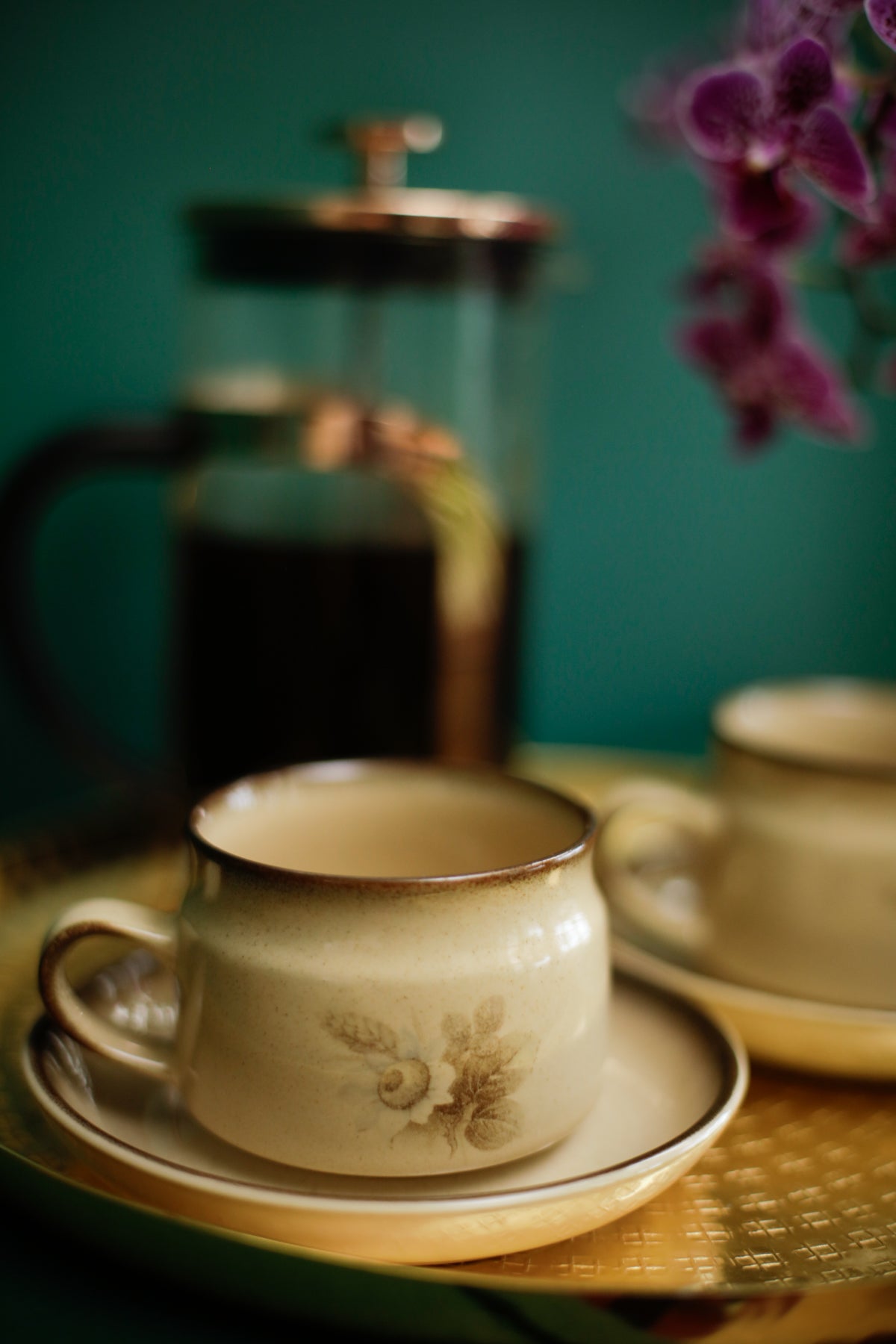 Denby Memories Cups and Saucers Floral Design Handcrafted Stoneware set of 2 cups and saucers