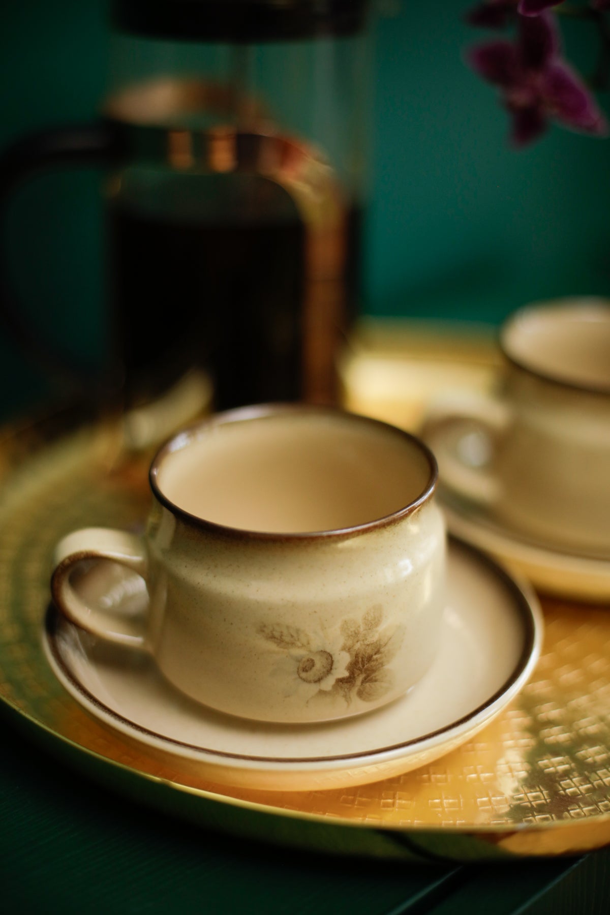 Denby Memories Cups and Saucers Floral Design Handcrafted Stoneware set of 2 cups and saucers