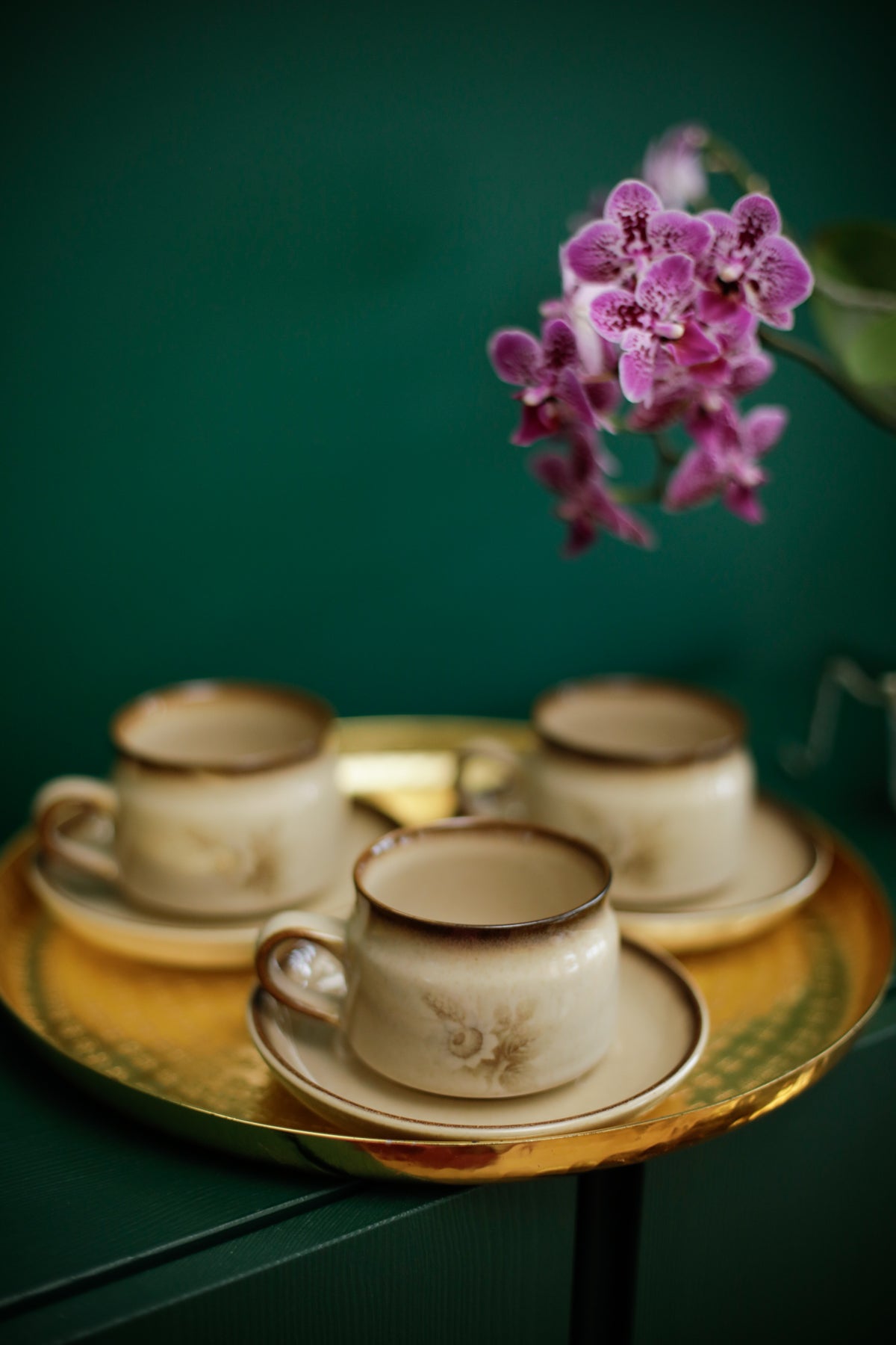 Denby Memories Images Cups and Saucers Floral Design Handcrafted Stoneware set of 3 cups and saucers