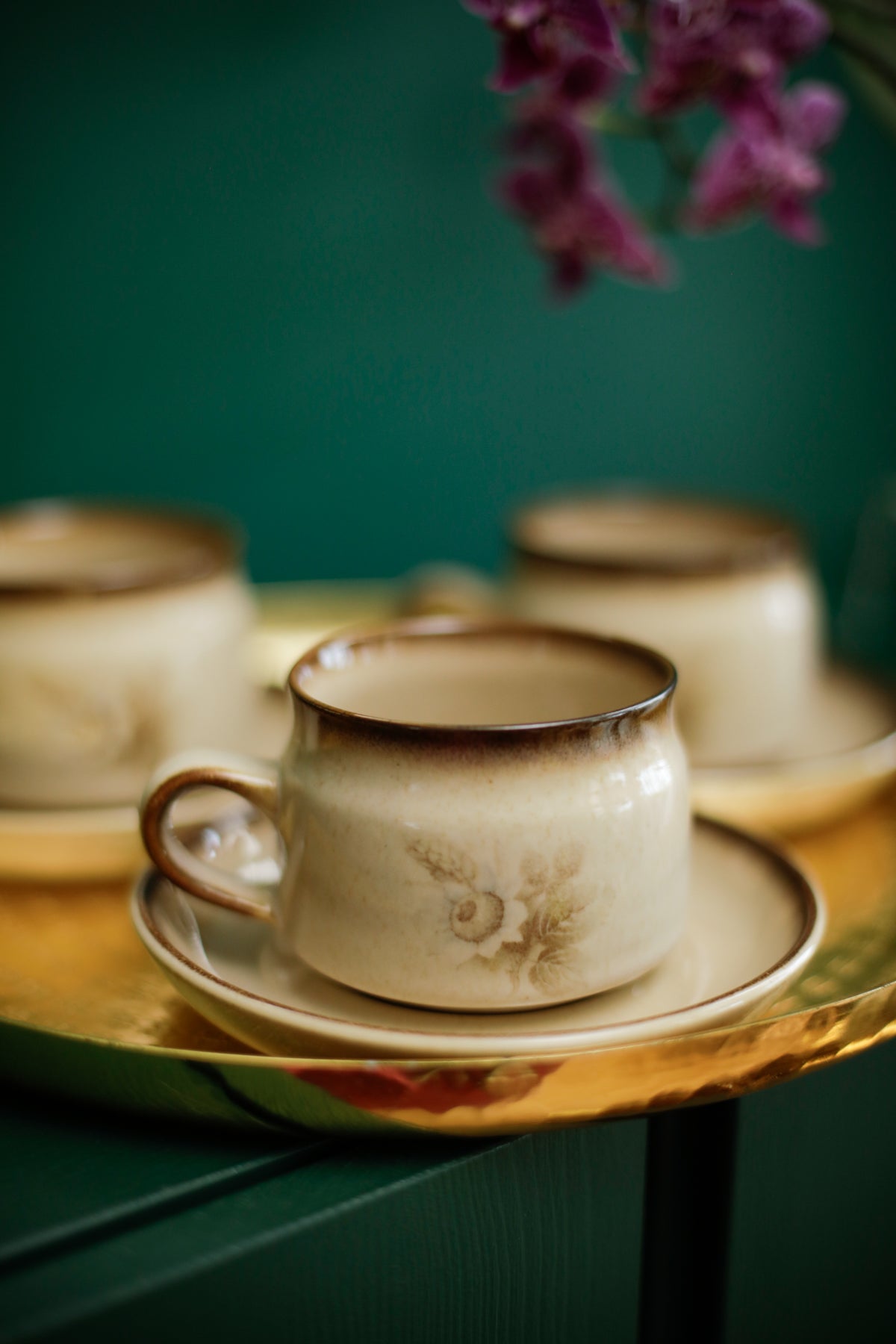 Denby Memories Images Cups and Saucers Floral Design Handcrafted Stoneware set of 3 cups and saucers