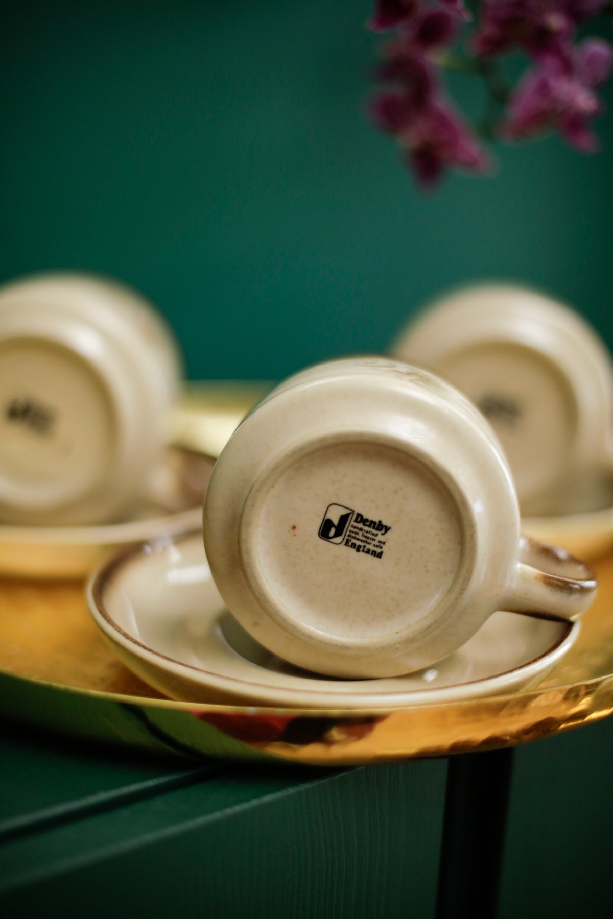 Denby Memories Images Cups and Saucers Floral Design Handcrafted Stoneware set of 3 cups and saucers